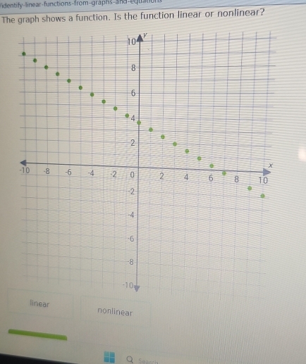 identify-linear-functions-from-graphs-a na-equations
The graph shows a function. Is the function linear or nonlinear?
ar nonlinear