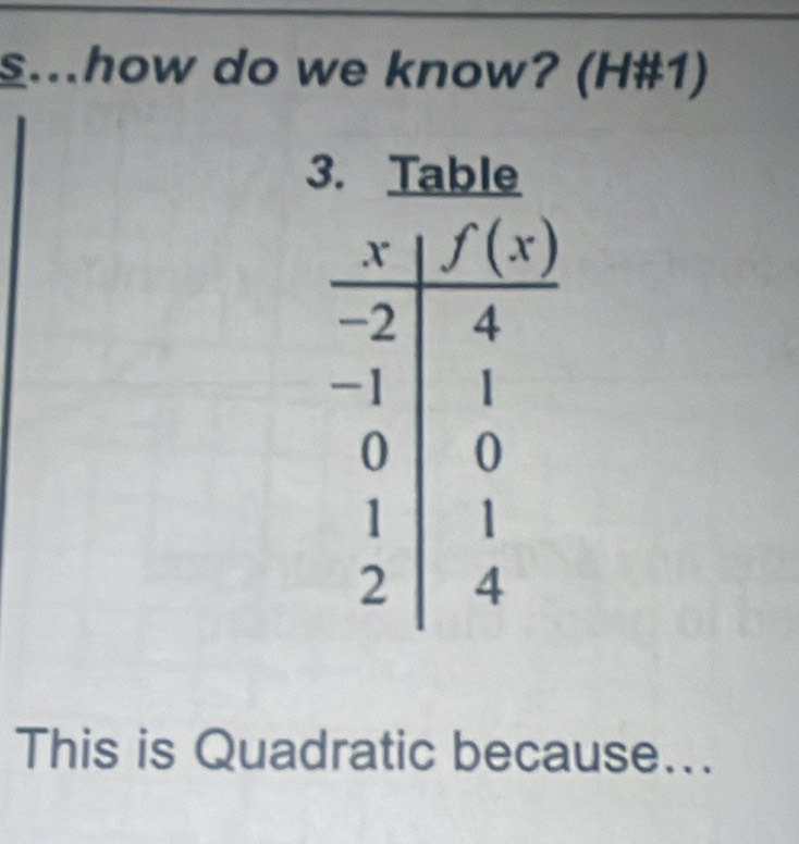 s….how do we know? (H#1)
3. Table
This is Quadratic because...