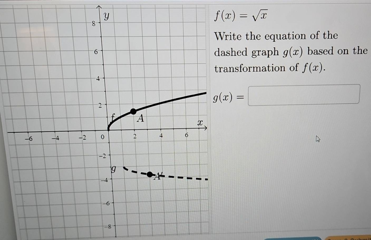 f(x)=sqrt(x)
te the equation of the 
hed graph g(x) based on the 
sformation of f(x).
g(x)=□