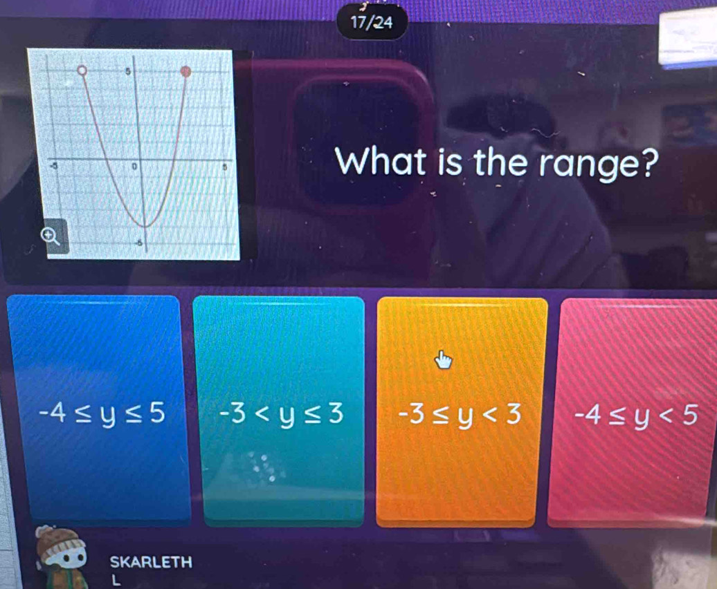 17/24
What is the range?
-4≤ y≤ 5 -3 -3≤ y<3</tex> -4≤ y<5</tex> 
SKARLETH