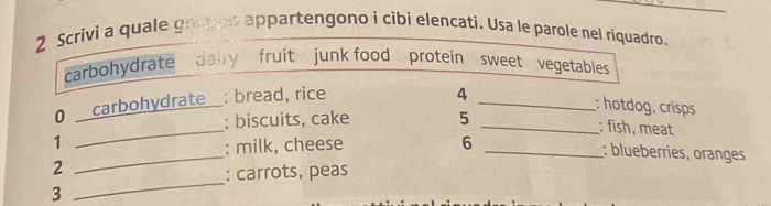 Scrivi a quale graped appartengono i cibi elencati. Usa le parole nel ríquadro. 
carbohydrate dairy fruit junk food protein sweet vegetables 
0 _carbohydrate : bread, rice 
4 _: hotdog, crisps 
: biscuits, cake 5_ 
: fish, meat 
_ 
1 
_ 
: milk, cheese 6_ 
: blueberries, oranges 
_ 
2 
: carrots, peas 
3