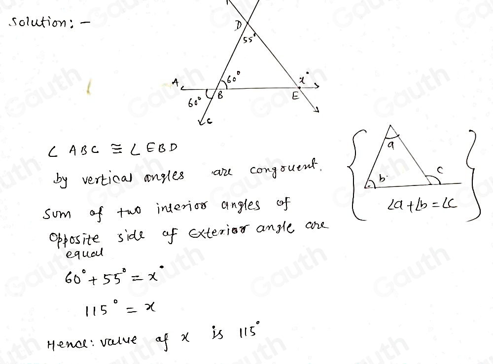 solution: -
∠ ABC≌ ∠ EBD
by vertical angles ar congtuent. 
sum of two interios angles of
beginarrayl A=   60/a+1bd dx+8c endarray.
Opposite side of exterior angle ane 
equal
60°+55°=x°
115°=x
Hence: value of x is 115°