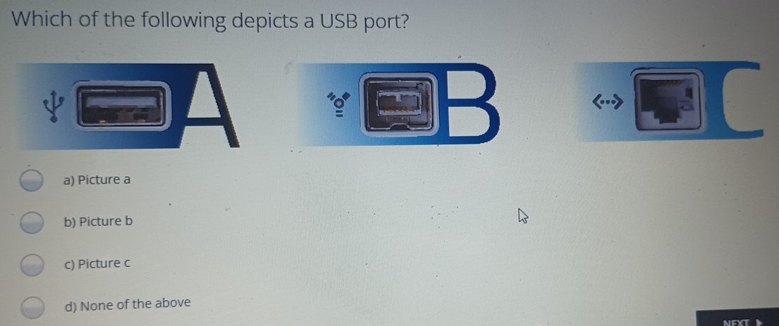 Which of the following depicts a USB port?
B
a) Picture a
b) Picture b
c) Picture c
d) None of the above
NCYT I