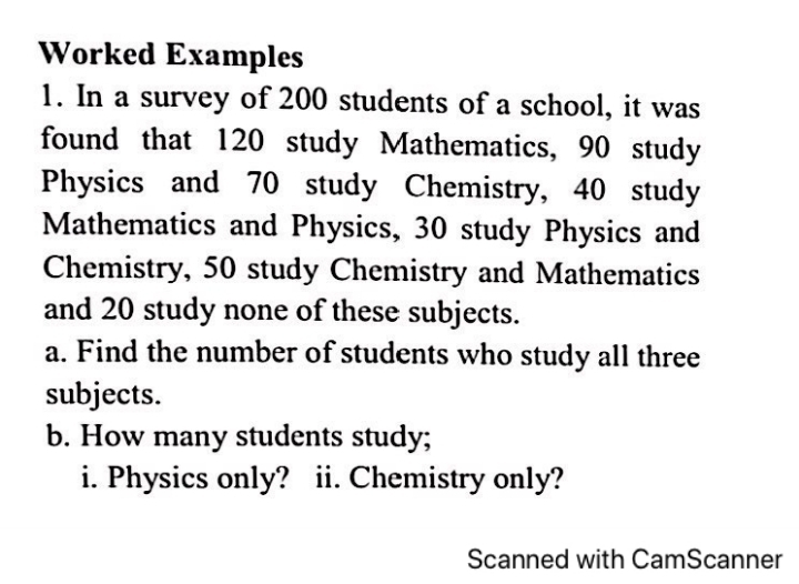 Worked Examples 
1. In a survey of 200 students of a school, it was 
found that 120 study Mathematics, 90 study 
Physics and 70 study Chemistry, 40 study 
Mathematics and Physics, 30 study Physics and 
Chemistry, 50 study Chemistry and Mathematics 
and 20 study none of these subjects. 
a. Find the number of students who study all three 
subjects. 
b. How many students study; 
i. Physics only? ii. Chemistry only? 
Scanned with CamScanner