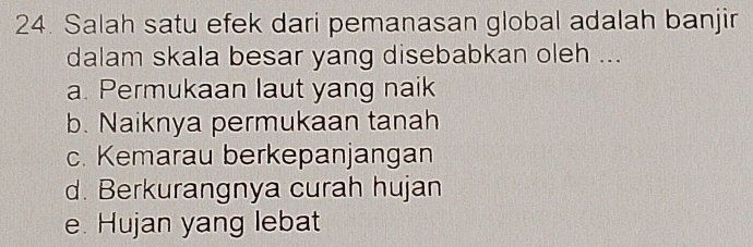 Salah satu efek dari pemanasan global adalah banjir
dalam skala besar yang disebabkan oleh ...
a. Permukaan laut yang naik
b. Naiknya permukaan tanah
c. Kemarau berkepanjangan
d. Berkurangnya curah hujan
e. Hujan yang lebat