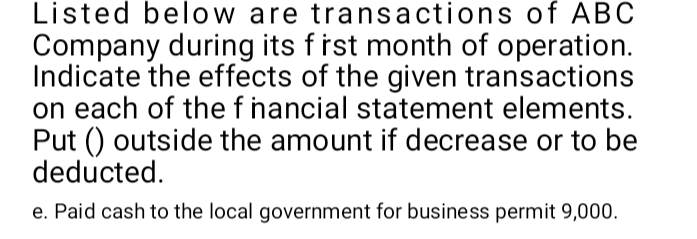 Listed below are transactions of ABC
Company during its first month of operation. 
Indicate the effects of the given transactions 
on each of the f nancial statement elements. 
Put () outside the amount if decrease or to be 
deducted. 
e. Paid cash to the local government for business permit 9,000.