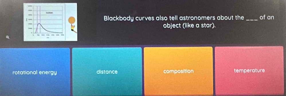 Blackbody curves also tell astronomers about the_ of an
object (like a star).
rotational energy distance composition temperature