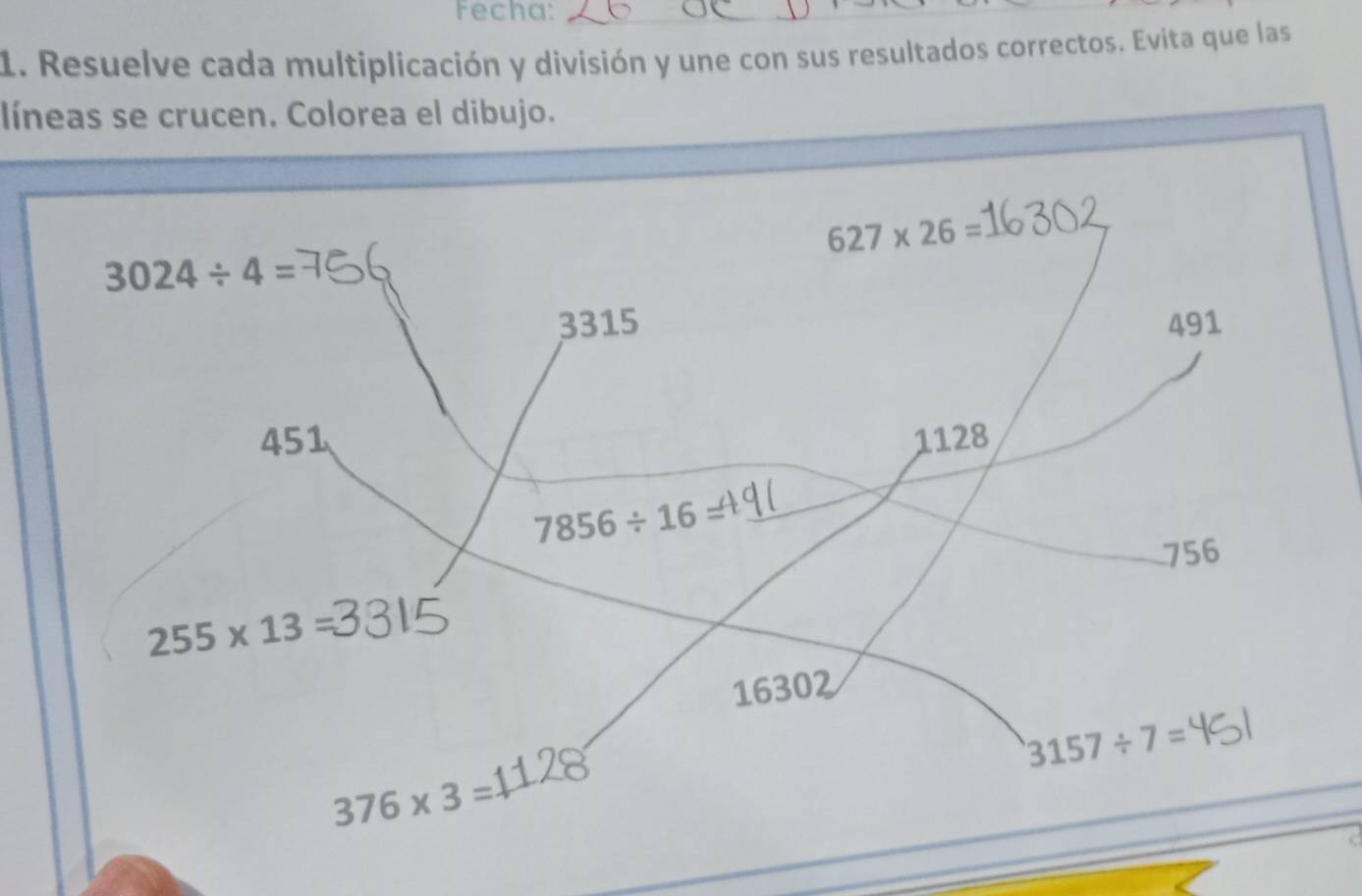 Fecha:
1. Resuelve cada multiplicación y división y une con sus resultados correctos. Evita que las
líneas se crucen. Colorea el dibujo.