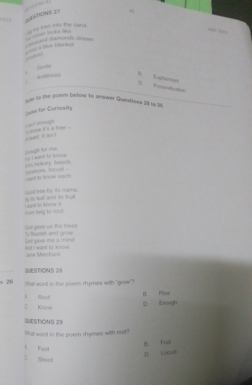 ENG À
IE1 QUESTIONS 27
4
utat ress
the ocean looks like ig my toes into the sand.
ousand diamonds strew 
tcross a blue blanke!
ocubus)
Simile
Antithesis
B Euphemism
D. Personification
Relar to the poem below to answer Questions 28 to 30.
Cause for Curiosity
t isn't enough
e know it's a tree ...
A least, it isn't
Enough for me.
For I want to know
Sycamore, locust -- 's hickory, beech.
I want to know each
By its leaf and its fruit Good tree by its name.
I want to know it 
From twig to root.
God gave us the trees
To flourish and grow.
God gave me a mind
And I want to know
Jane Merchant
QUESTIONS 28
s 26 What word in the poem rhymes with "grow”?
A. Root B. Plow
C Know
D. Enough
QUESTIONS 29
What word in the poem rhymes with root?
B. Fruit
A. Foot
D. Locust
C. Shoot