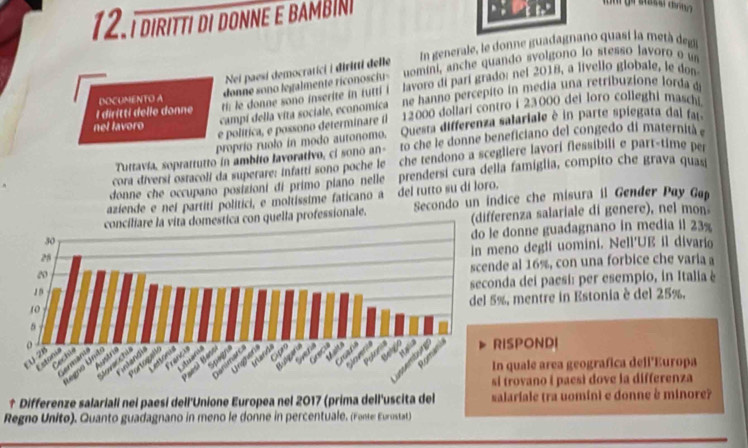 diRIttI di donne e BAMb inI
Nei paesi democratíci i diritti delle  n generale, le donne guadagnano quast la meta dg
enne sono legalmente riconosciu- uomini, anche quando svolgono lo sresso lavoro o un
ti le donne sono inserite in tutti i lavoro di parí grado: nel 2018, a livello globale, le don
campi della vita sociale, economica  ne hanno percepitó in media una retribuzione Jorda de
I diritti delle donne DOCUMENTO A
e política, e possono determinare () 12000 dollari contro í 23000 dei loro colleghi masch
nel lavoro
proprio ruolo in modo autonomo. Quesra differenza salariale è in parte spiegata dal fa
Turravía, sopratturto in ambito lavorativo, ci sono an- to che le donne beneficiano del congedo di maternità e
cora diversi ostacolí da superare: infaíti sono poche le che tendono a scegliere lavori flessibili e part-time per
donne che occupano posizioni di primo plano nelle prendersi cura della famiglia, compito che grava quasi
aziende e nei partiti politici, e moltissime faticano a del tutto su di loro.
ella professionale. Secondo un indice che misura il Gender Pay Gap
fferenza salariale di genere), nel mon
donne guadagnano in media il 23%
no deglí uomini. Nell'UE il divarío
e al 16%, con una forbice che varia a
da dei paesi: per esempio, in Italia è
, mentre in Estonia è del 25%.
SPONDI
quale area geografica dell'Europa
trovano i paesì dove la differenza
† Differenze salariali nei paesi dell'Unione Europea nel 2017 (prima dell'uscita del salariale (ra uomini e donne è minore?
Regno Unito). Quanto guadagnano in meno le donne in percentuale. (Fonte Eurustat)