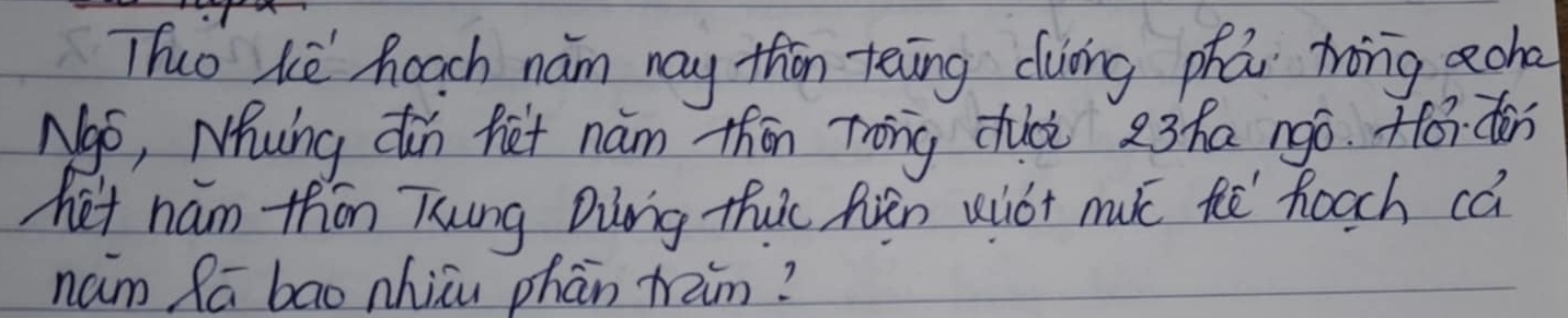 Thuo kè heach nám nay thn teing duōng pha tōng eche 
Ngo, Nhung din fet nám thān Tong dui 23ha ngó. +0dàn 
het ham thān Tung Ding thuc Rién viot muc hē hoach cā 
nam Ra bao nhiāu phān ham?