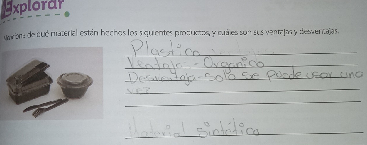 Explorar 
Menciona de qué material están hechos los siguientes productos, y cuáles son sus ventajas y desventajas. 
_ 
_ 
_ 
_ 
_ 
_