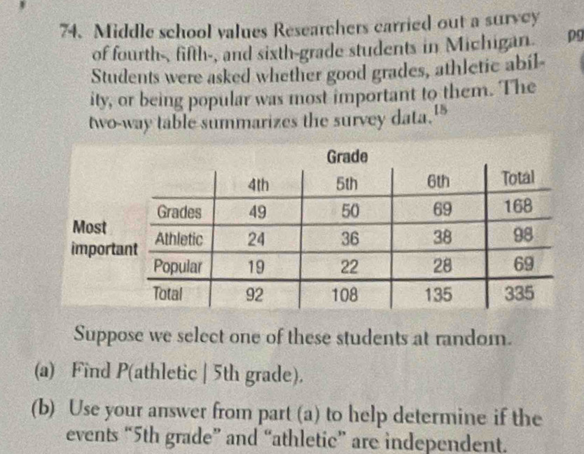 Middle school values Researchers carried out a survey 
of fourth-, fifth-, and sixth-grade students in Michigan pg 
Students were asked whether good grades, athletic abil 
ity, or being popular was most important to them. The 
two-way table summarizes the survey data." 
Suppose we select one of these students at random. 
(a) Find P (athletic | 5th grade). 
(b) Use your answer from part (a) to help determine if the 
events “ 5th grade” and “athletic” are independent.