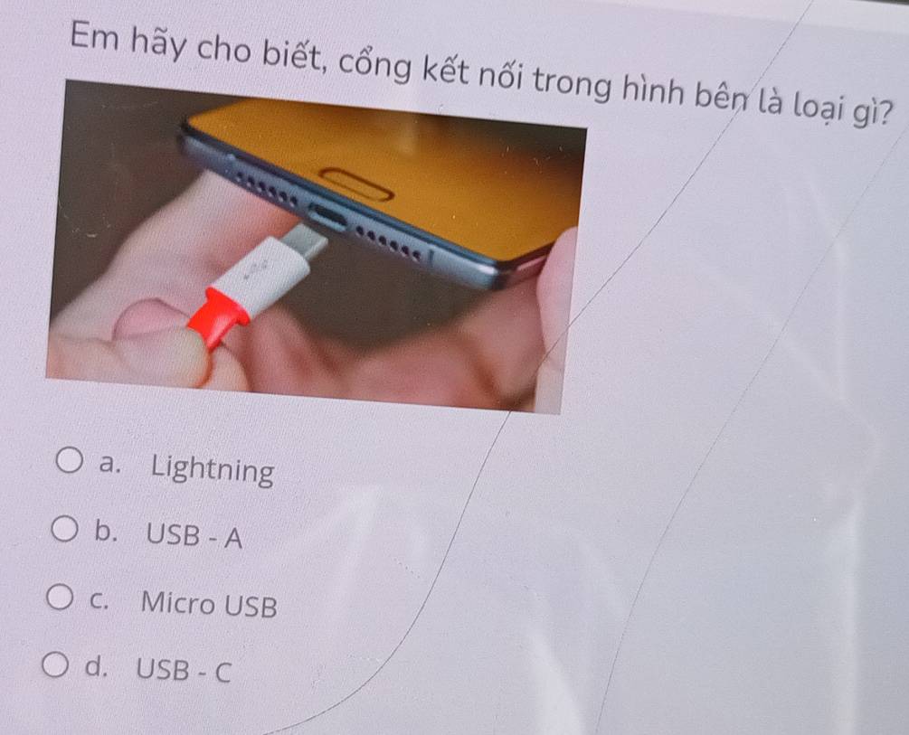 Em hãy cho biết, cổng kếthình bên là loại gì?
a. Lightning
b. USB - A
c. Micro USB
d. USB - C