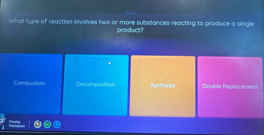 What type of reaction involves two or more substances reacting to produce a single
product?
Combustion Decomposition Synthesis Double Replacement
Chasity
Thompson