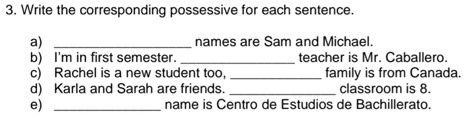 Write the corresponding possessive for each sentence. 
a) _names are Sam and Michael. 
b) I'm in first semester. _teacher is Mr. Caballero. 
c) Rachel is a new student too, _family is from Canada. 
d) Karla and Sarah are friends. _classroom is 8. 
e) _name is Centro de Estudios de Bachillerato.