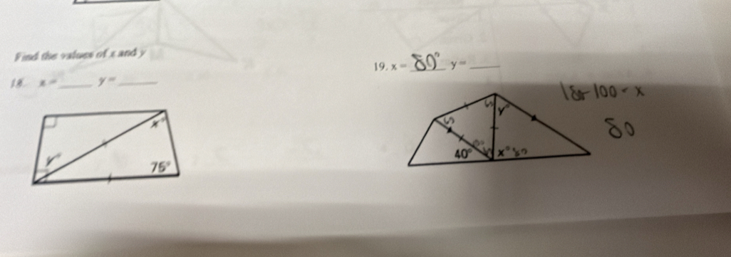 Find the values of x and y
19. x= _ y= _
18 x= _ y= _