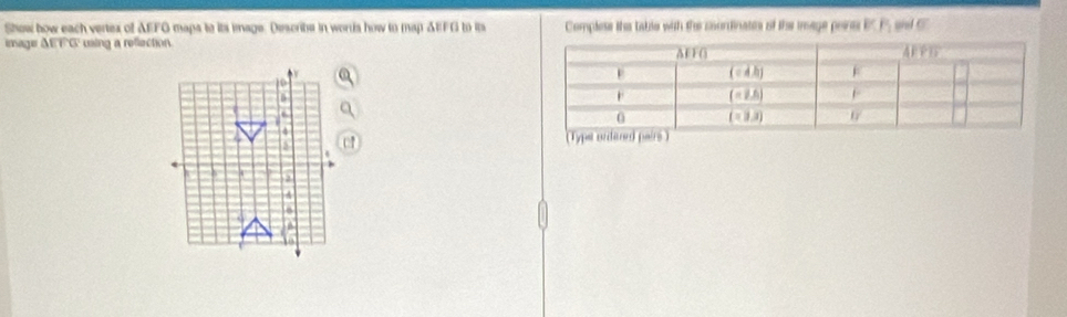 Show how each vertex of AEFG maps to its image. Describe in words how to map ΔEFG to its Complese the table with the coontinates of the image poins BC F. adC
image MEFG'using a reflection.