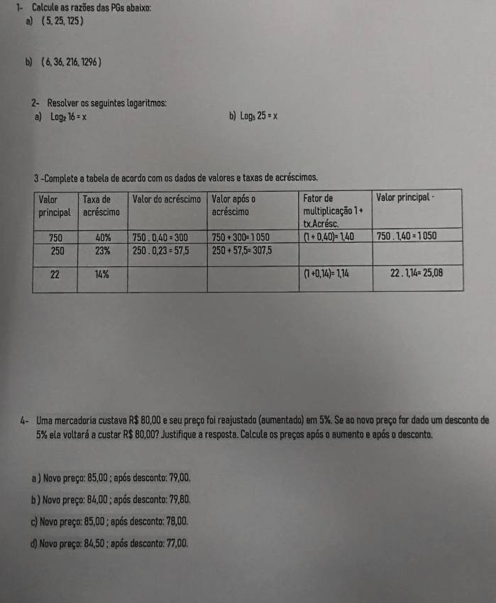 1- Calcule as razões das PGs abaixo:
a) (5,25,125)
b) (6,36,216,1296)
2- Resolver os seguintes logaritmos:
a) log _216=x b) log _525=x
3 -Complete a tabela de acordo com os dados de valores e taxas de acréscimos.
4- Uma mercadoria custava R$ 80,00 e seu preço foi reajustado (aumentado) em 5%. Se ao novo preço for dado um desconto de
5% ela voltará a custar R$ 80,00? Justifique a resposta. Calcule os preços após o aumento e após o desconto.
a ) Novo preço: 85,00 ; após desconto: 79,00.
b ) Novo preço: 84,00 ; após desconto: 79,80.
c) Novo preço: 85,00 ; após desconto: 78,00.
d) Novo preço: 84,50 ; após desconto: 77,00.