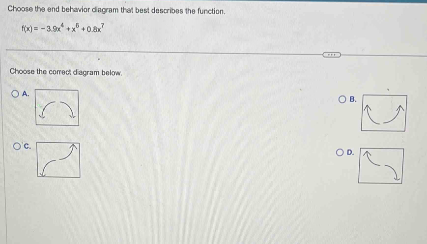 Choose the end behavior diagram that best describes the function.
f(x)=-3.9x^4+x^6+0.8x^7
Choose the correct diagram below. 
A 
B. 
C. 
D.