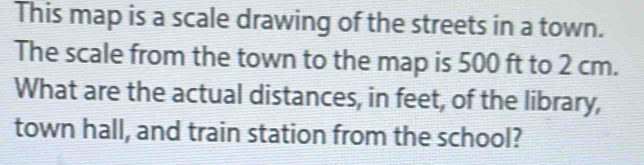 This map is a scale drawing of the streets in a town. 
The scale from the town to the map is 500 ft to 2 cm. 
What are the actual distances, in feet, of the library, 
town hall, and train station from the school?