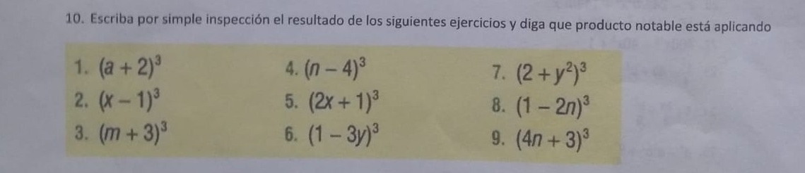 Escriba por simple inspección el resultado de los siguientes ejercicios y diga que producto notable está aplicando