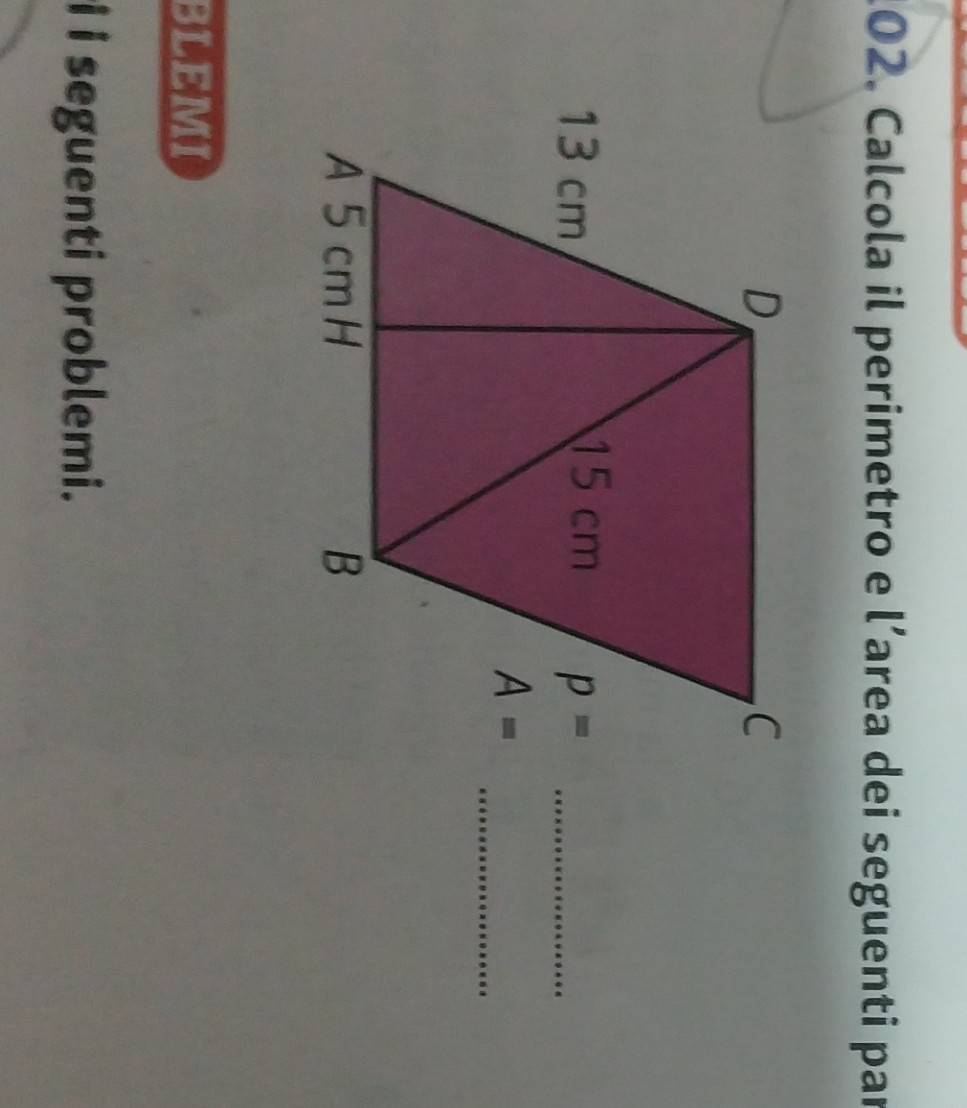 Calcola il perimetro e l’area dei seguenti par
p= _
_
BLEMI
i i seguenti problemi.