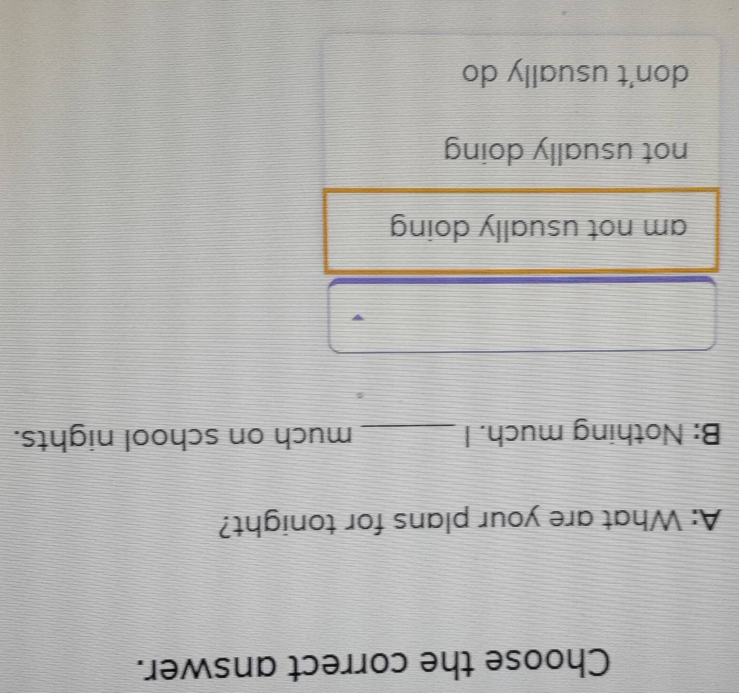 Choose the correct answer.
A: What are your plans for tonight?
B: Nothing much. I _much on school nights.
am not usually doing
not usually doing
don't usually do