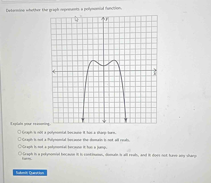 Determine whether the graph represents a polynomial function.
Explain your reasoni
Graph is not a polynomial because it has a sharp turn.
Graph is not a Polynomial because the domain is not all reals.
Graph is not a polynomial because it has a jump.
Graph is a polynomial because it is continuous, domain is all reals, and it does not have any sharp
turns.
Submit Question