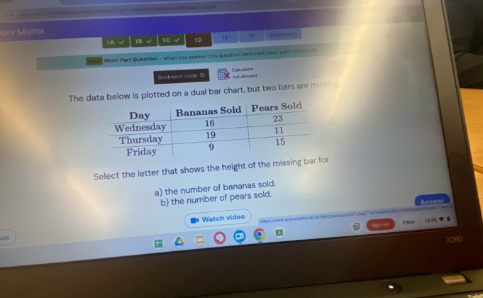 baabaidben//aoc.agc0d7ed11a |1 4438 6d8524f660ec6698f5aad1/A0e/4
arx Maths
1A 1B 1C 1D 1E 1F Summary
oad. Mult! Part Question - when you answer this question we'll mark each part indh e t 
Bookwork code ID Calculator
not allowed
The dow is plotted on a dual bar chart, but two bars are missing.
Select the letter that shows the height of the missing br
a) the number of bananas sold.
b) the number of pears sold.
Watch video Answer
https://www.sparmaths.uk/student/package/0a7c5ed7-1a764488 Witad en'
Bajn c
5 Nov
12:00
US
X280