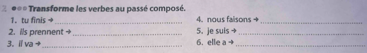 2 ●●* Transforme les verbes au passé composé. 
1. tu finis _4. nous faisons_ 
2. ils prennent → _5. je suis_ 
3. il va _6. elle a_