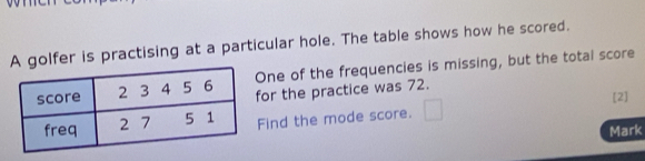 golfer is practising at a particular hole. The table shows how he scored. 
ne of the frequencies is missing, but the total score 
or the practice was 72. 
ind the mode score. □ [2] 
Mark