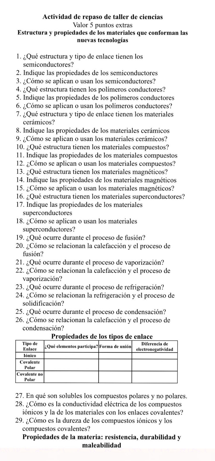 Actividad de repaso de taller de ciencias
Valor 5 puntos extras
Estructura y propiedades de los materiales que conforman las
nuevas tecnologías
1. ¿Qué estructura y tipo de enlace tienen los
semiconductores?
2. Indique las propiedades de los semiconductores
3. ¿Cómo se aplican o usan los semiconductores?
4. ¿Qué estructura tienen los polímeros conductores?
5. Indique las propiedades de los polímeros conductores
6. ¿Cómo se aplican o usan los polímeros conductores?
7. ¿Qué estructura y tipo de enlace tienen los materiales
cerámicos?
8. Indique las propiedades de los materiales cerámicos
9. ¿Cómo se aplican o usan los materiales cerámicos?
10. ¿Qué estructura tienen los materiales compuestos?
11. Indique las propiedades de los materiales compuestos
12. ¿Cómo se aplican o usan los materiales compuestos?
13. ¿Qué estructura tienen los materiales magnéticos?
14. Indique las propiedades de los materiales magnéticos
15. ¿Cómo se aplican o usan los materiales magnéticos?
16. ¿Qué estructura tienen los materiales superconductores?
17. Indique las propiedades de los materiales
superconductores
18. ¿Cómo se aplican o usan los materiales
superconductores?
19. ¿Qué ocurre durante el proceso de fusión?
20. ¿Cómo se relacionan la calefacción y el proceso de
fusión?
21. ¿Qué ocurre durante el proceso de vaporización?
22. ¿Cómo se relacionan la calefacción y el proceso de
vaporización?
23. ¿Qué ocurre durante el proceso de refrigeración?
24. ¿Cómo se relacionan la refrigeración y el proceso de
solidificación?
25. ¿Qué ocurre durante el proceso de condensación?
26. ¿Cómo se relacionan la calefacción y el proceso de
condensación?
27. En qué son solubles los compuestos polares y no polares.
28. ¿Cómo es la conductividad eléctrica de los compuestos
iónicos y la de los materiales con los enlaces covalentes?
29. ¿Cómo es la dureza de los compuestos iónicos y los
compuestos covalentes?
Propiedades de la materia: resistencia, durabilidad y
maleabilidad