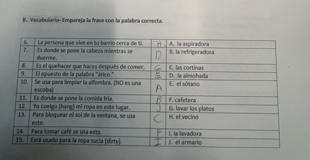 Vocabulario- Empareja la frase con la palabra correcta.