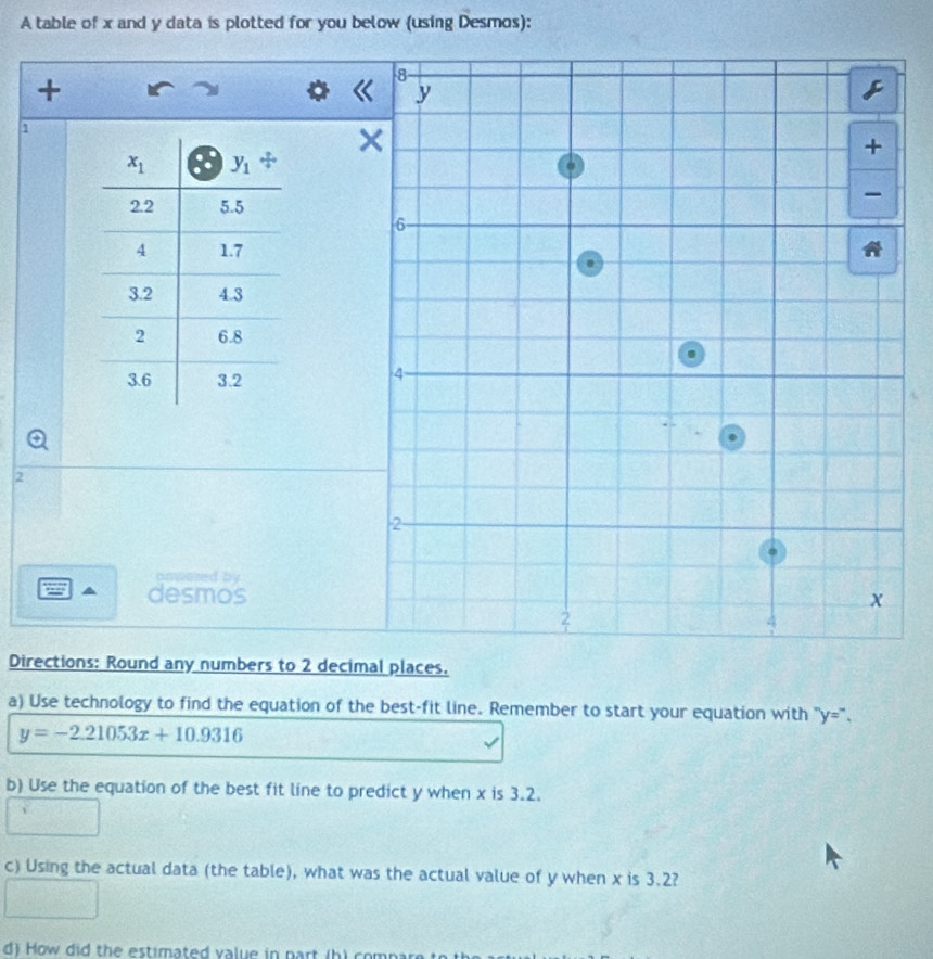 A table of x and y data is plotted for you below (using Desmos):
+
1
2
anwered by
desmos
Directions: Round any numbers to 2 decimal places.
a) Use technology to find the equation of the best-fit line. Remember to start your equation with ''y=''
y=-2.21053x+10.9316
b) Use the equation of the best fit line to predict y when x is 3.2.
c) Using the actual data (the table), what was the actual value of y when x is 3.2?
d) How did the estimated value in part (h) com