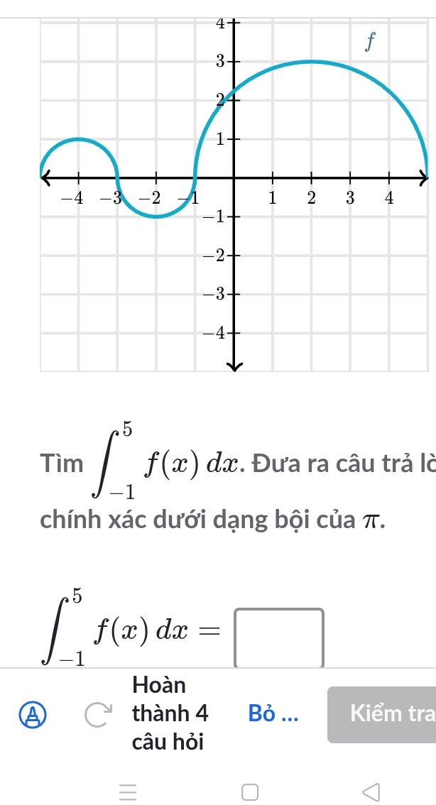 Tìm ∈t _(-1)^5f(x)dx. Đưa ra câu trả lờ 
chính xác dưới dạng bội của π.
∈t _(-1)^5f(x)dx=□
Hoàn 
thành 4 Bỏ ... Kiểm tra 
câu hỏi 
I