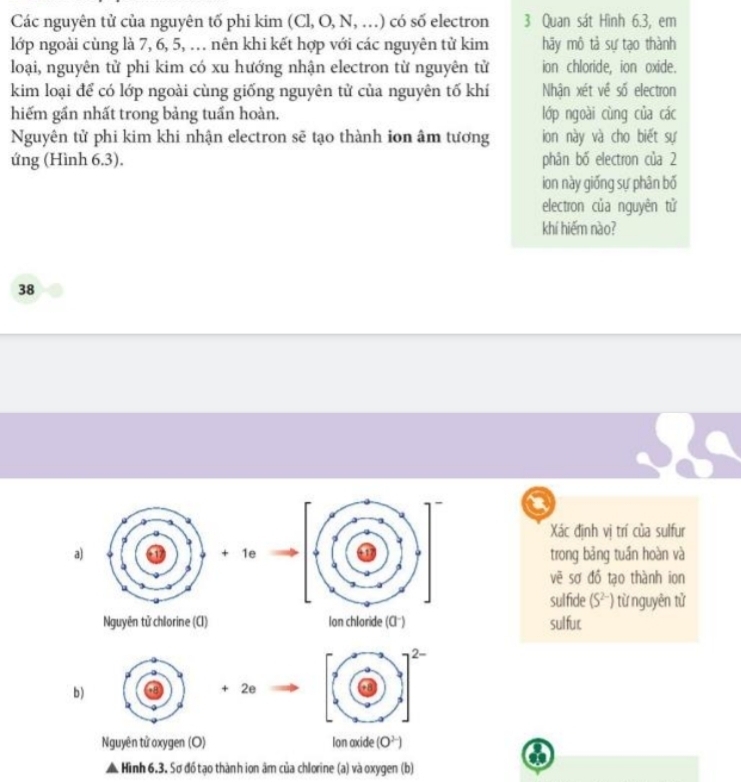 Các nguyên tử của nguyên tố phi kim (Cl, O, N, .) có số electron 3 Quan sát Hình 6.3, em
lớp ngoài cùng là 7, 6, 5, .. nên khi kết hợp với các nguyên tử kim hãy mô tả sự tạo thành
loại, nguyên tử phi kim có xu hướng nhận electron từ nguyên tử ion chloride, ion oxide.
kim loại để có lớp ngoài cùng giống nguyên tử của nguyên tố khí Nhận xét về số electron
hiếm gần nhất trong bảng tuần hoàn. lớp ngoài cùng của các
Nguyên tử phi kim khi nhận electron sẽ tạo thành ion âm tương ion này và cho biết sự
ứng (Hình 6,3), phân bố electron của 2
ion này giống sự phân bố
electron của nguyên tử
khí hiếm nào?
38
Xác định vị trí của sulfur
a) + 1etrong bảng tuần hoàn và
vẽ sơ đồ tạo thành ion
sulfide (S^(2-)) từ nguyên tử
Nguyên tử chlorine (CI) Ion chloride (C") sulfur
b)
+ 2e
Nguyên tử oxygen (O) Ion axide (O^(3-))
▲ Hình 6.3. Sơ đồ tạo thành ion âm của chlorine (a) và oxygen (b)