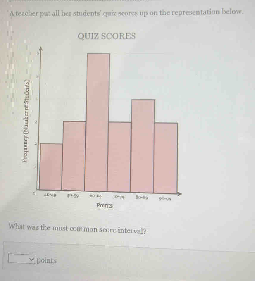 A teacher put all her students' quiz scores up on the representation below.
QUIZ SCORES
What was the most common score interval?
overline v points