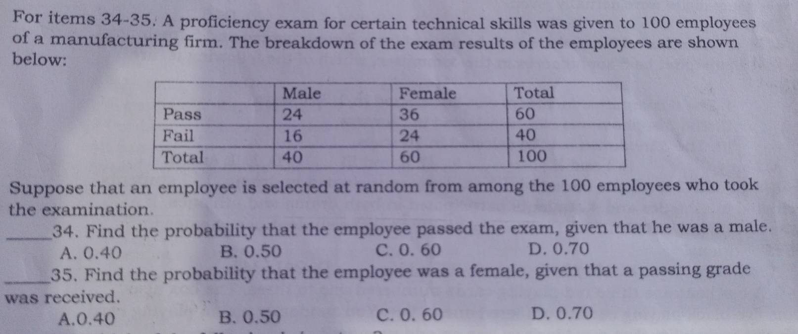 For items 34-35. A proficiency exam for certain technical skills was given to 100 employees
of a manufacturing firm. The breakdown of the exam results of the employees are shown
below:
Suppose that an employee is selected at random from among the 100 employees who took
the examination.
_34. Find the probability that the employee passed the exam, given that he was a male.
A. 0.40 B. 0.50 C. 0.60 D. 0.70
_35. Find the probability that the employee was a female, given that a passing grade
was received.
A. 0.40 B. 0.50 C. 0.60 D. 0.70