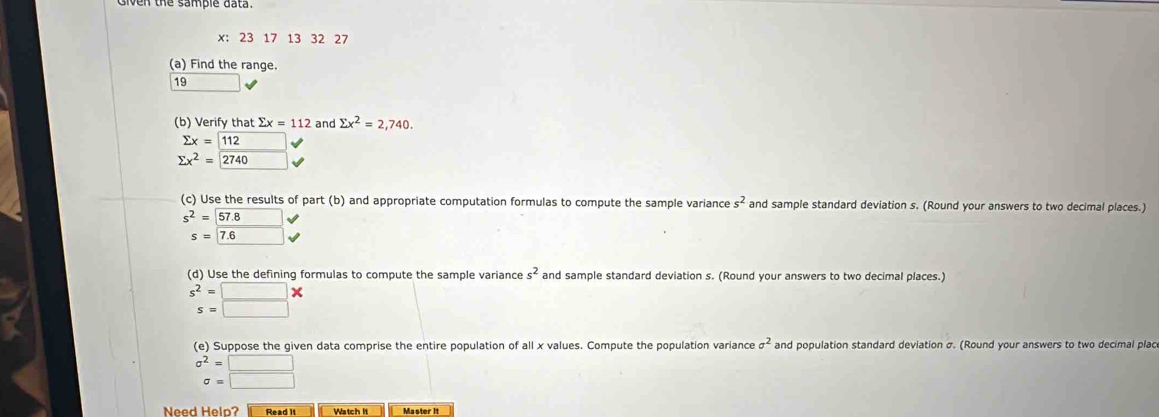 Solved: Given the sample data. x : 23 17 13 32 27 (a) Find the range ...