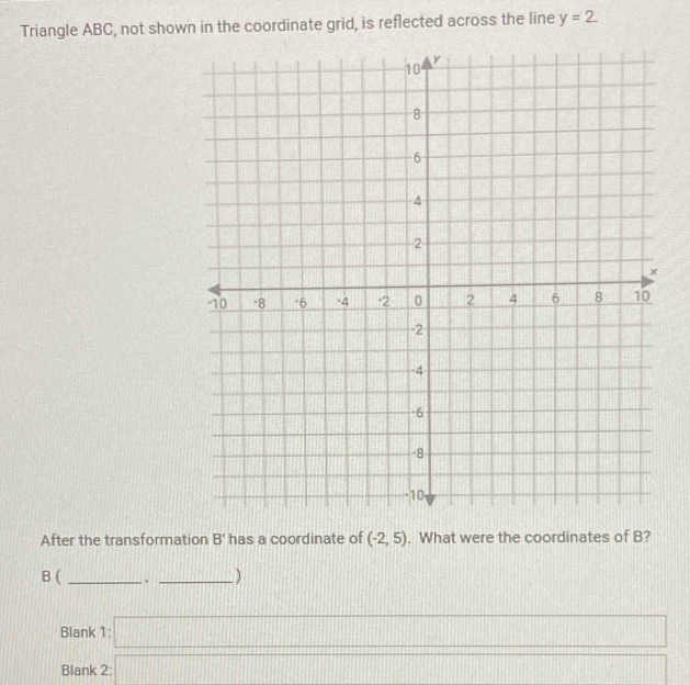 Triangle ABC, not shown in the coordinate grid, is reflected across the line y=2. 
After the transformation B' has a coordinate of (-2,5). What were the coordinates of B? 
B ( __) 
11111 
Blank 1: □ □ 
Blank 2:□