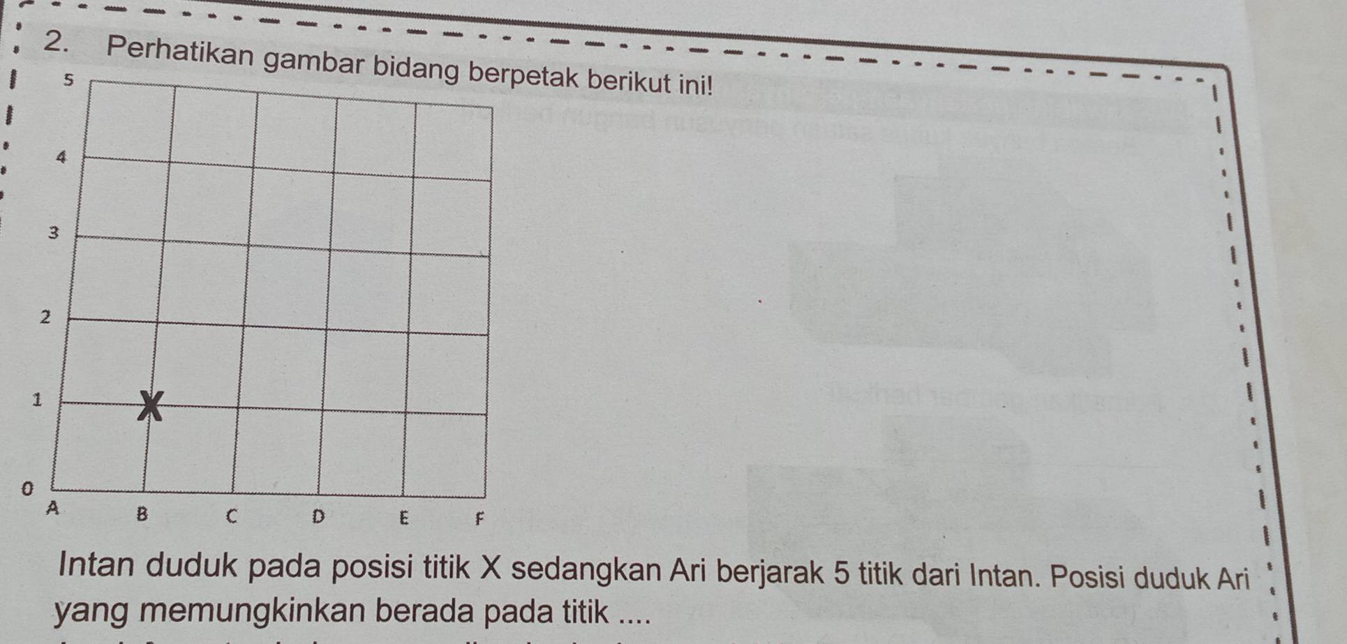 Perhatikan gambak berikut ini! 
0 
Intan duduk pada posisi titik X sedangkan Ari berjarak 5 titik dari Intan. Posisi duduk Ari 
yang memungkinkan berada pada titik ....