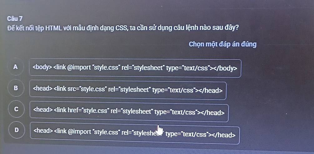 Đế kết nối tệp HTML với mẫu định dạng CSS, ta cần sử dụng câu lệnh nào sau đây?
Chọn một đáp án đúng
A
B
C
D