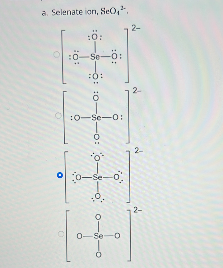 Selenate ion, Se O_4^(2-).
-