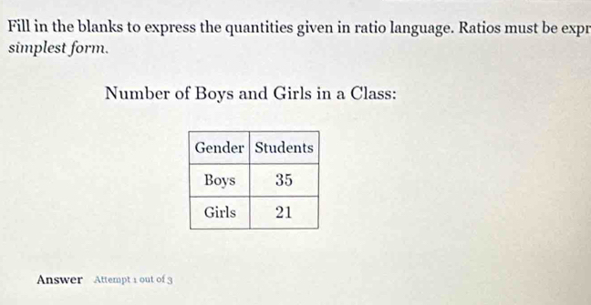 Fill in the blanks to express the quantities given in ratio language. Ratios must be expr 
simplest form. 
Number of Boys and Girls in a Class: 
Answer Attempt 1 out of 3