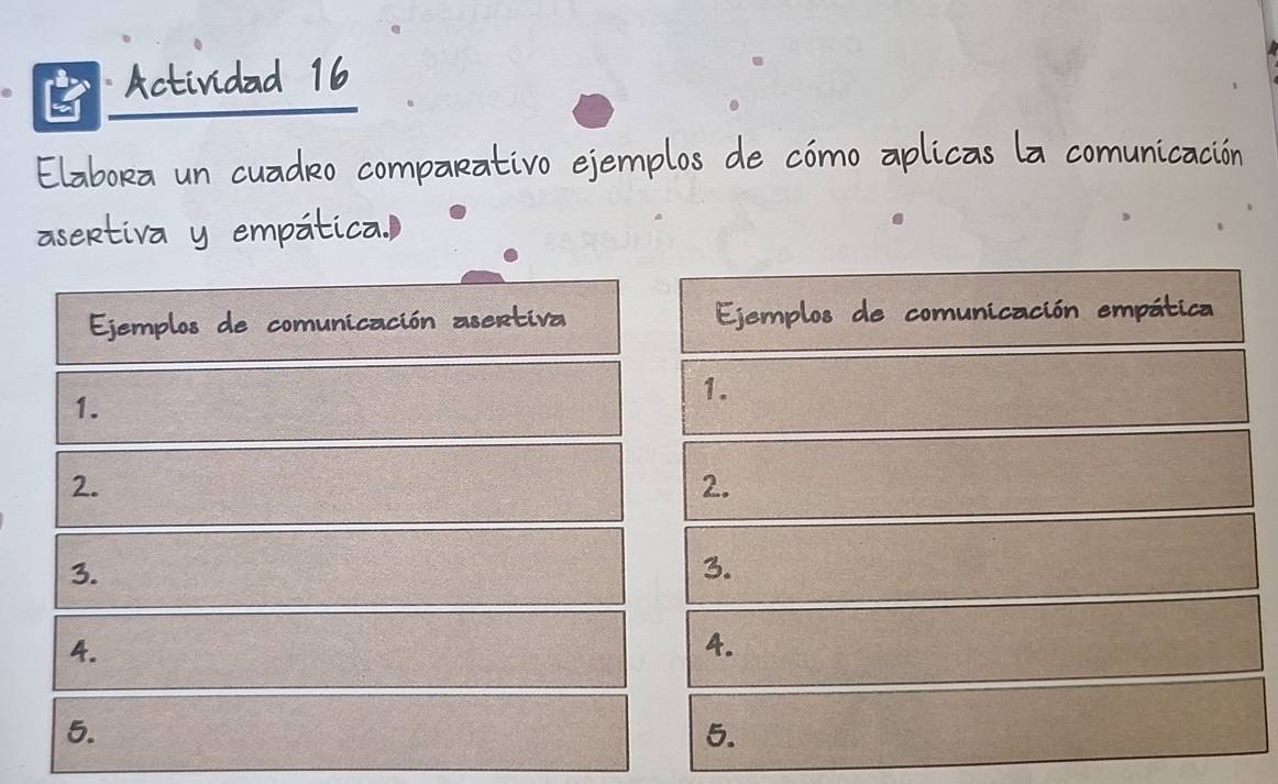 Actividad 16 
Elabora un cuadro comparativo ejemplos de cómo aplicas la comunicación 
asertiva y empática.) 
Ejemplos de comunicación asertiva Ejemplos de comunicación empática 
1. 
1. 
2. 
2. 
3. 
3. 
4. 
4. 
5. 
5.