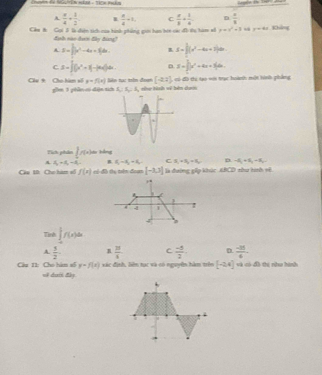 Chayn de Mguên Anm - Tice Phln
A.  x/4 + 1/2   π /4 -1,  π /8 + 1/4  D  π /8 
B
C
Cầu &: Gại 5 là điện tích của bình phẳng giới ha bơn các đô tị hàm số y=x^2-8 16/28 y=4a Khẳng
dinh no dườ dây ding?
A S=∈t _0^(2|x^2)-4x+3|dx.
B. S=∈t _0^(3(x^2)-4x+3-4x+3)dx.
C S=∈t (|x^2+3|-|4x|)dx.
D. S=∈tlimits _0^(2|x^2)+4x+3|dx.
Câu 9 Cho him số y=f(x) Nên tạc trên đưạ [-2:2] , có đô thí tạo với trục hoành một hình phẳng
gồm 3 gần có diện tích S_5:S_5=5, n hình về bên duâ
∈tlimits _0^(3f(x)dx tiin
5,-5,-5, B S_1)-S_2-S_3 C S_1+S_2-S_3 D. -5,+5,-5,-
Cầu M: Cho hàm số f(x) có đồ tu tên đoạn [-3,3] là đường gấp khúc ABCD nho tình về
Tinh ∈tlimits _(-a)^3f(x)dx.
A  5/2 .
B  25/6 
C  (-5)/2 
D.  (-35)/6 .
Câu 11: Cho hì số y=f(2) xác định, liên tục và có nguyên hàm trên [-2,4] và có đồ tị văn hình
về dướ đây