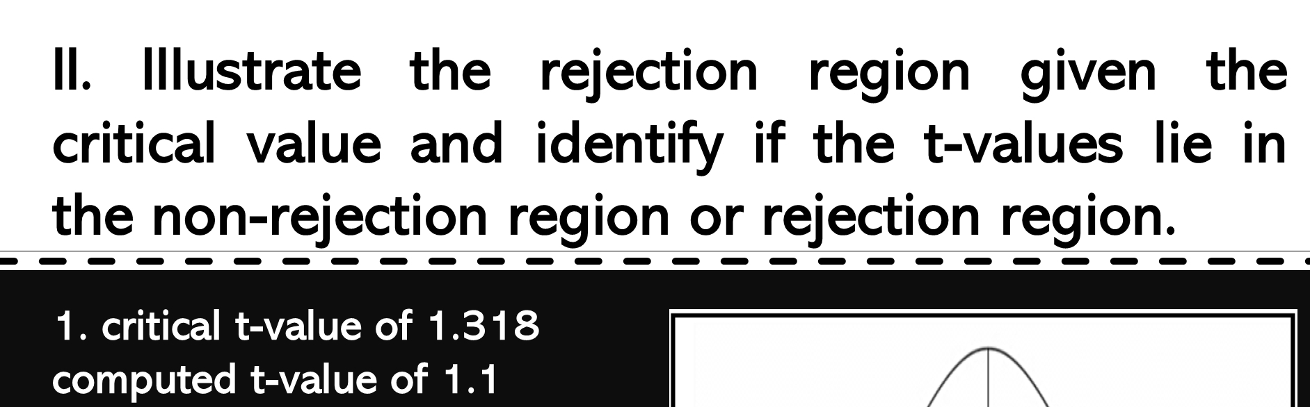 Illustrate the rejection region given the 
critical value and identify if the t-values lie in 
the non-rejection region or rejection region. 
1. critical t-value of 1.318
computed t-value of 1.1