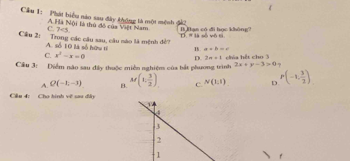 Phát biểu nào sau đây không là một mệnh đề?
A.Hà Nội là thủ đô của Việt Nam. B Bạn có đi học không?
C. 7<5</tex>.
D. π là số vô tỉ.
Câu 2: Trong các câu sau, câu nào là mệnh đề?
A. số 10 là số hữu tỉ
B. a+b=c
C. x^2-x=0 D. 2n+1 chia hết cho 3
Câu 3: Điểm nào sau đây thuộc miền nghiệm của bắt phương trình 2x+y-3>0 ?
A. Q(-1;-3) B. M(1; 3/2 ). C. N(1;1) D. P(-1; 3/2 ). 
Câu 4: Cho hình về sau đây
4
-3
2
1