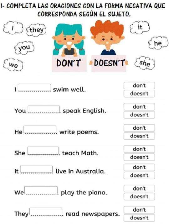 1- COMPLETA LAS ORACIONES CON LA FORMA NEGATIVA QUE
CORRESPONDA SEGÚN EL SUJETO.
1 they
you
we
don't
□ swim well.
doesn't
don't
You □ speak English. doesn't
don't
He □ write poems. doesn't
don't
She □ . teach Math. doesn't
don't
It ... live in Australia. doesn't
don't
We □ play the piano. doesn't
don't
They □ . read newspapers. doesn't